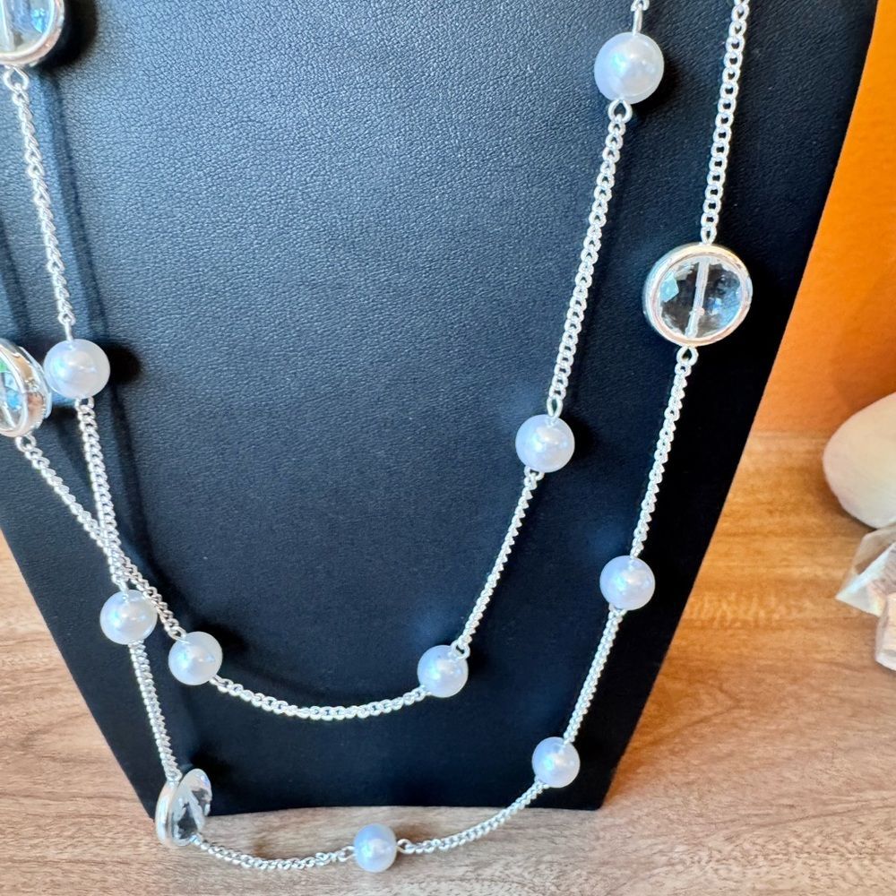 Monet New Silver Tone Chain Necklace Long Clear Faceted Beaded Costume Nwt — image 5 of 7
